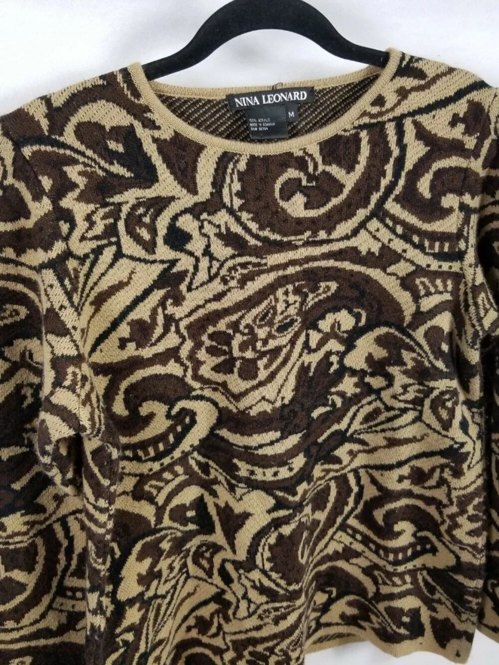 VINTAGE 90s Nina Leonard Sweater Women Medium Acrylic Brown Paisley Knit Leopard
